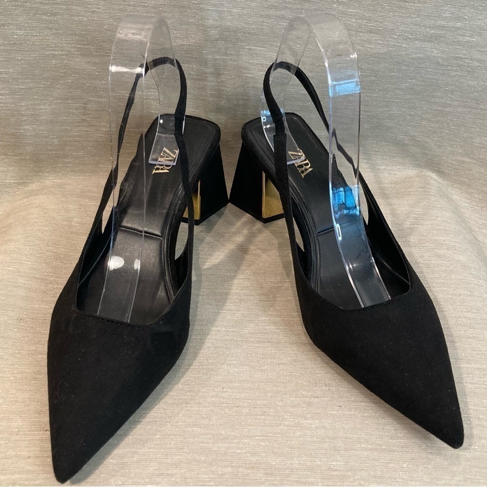 ZARA Sz 40 Pointy Toe Faux Suede Golden Inside Squarish Heel Slingback Shoes